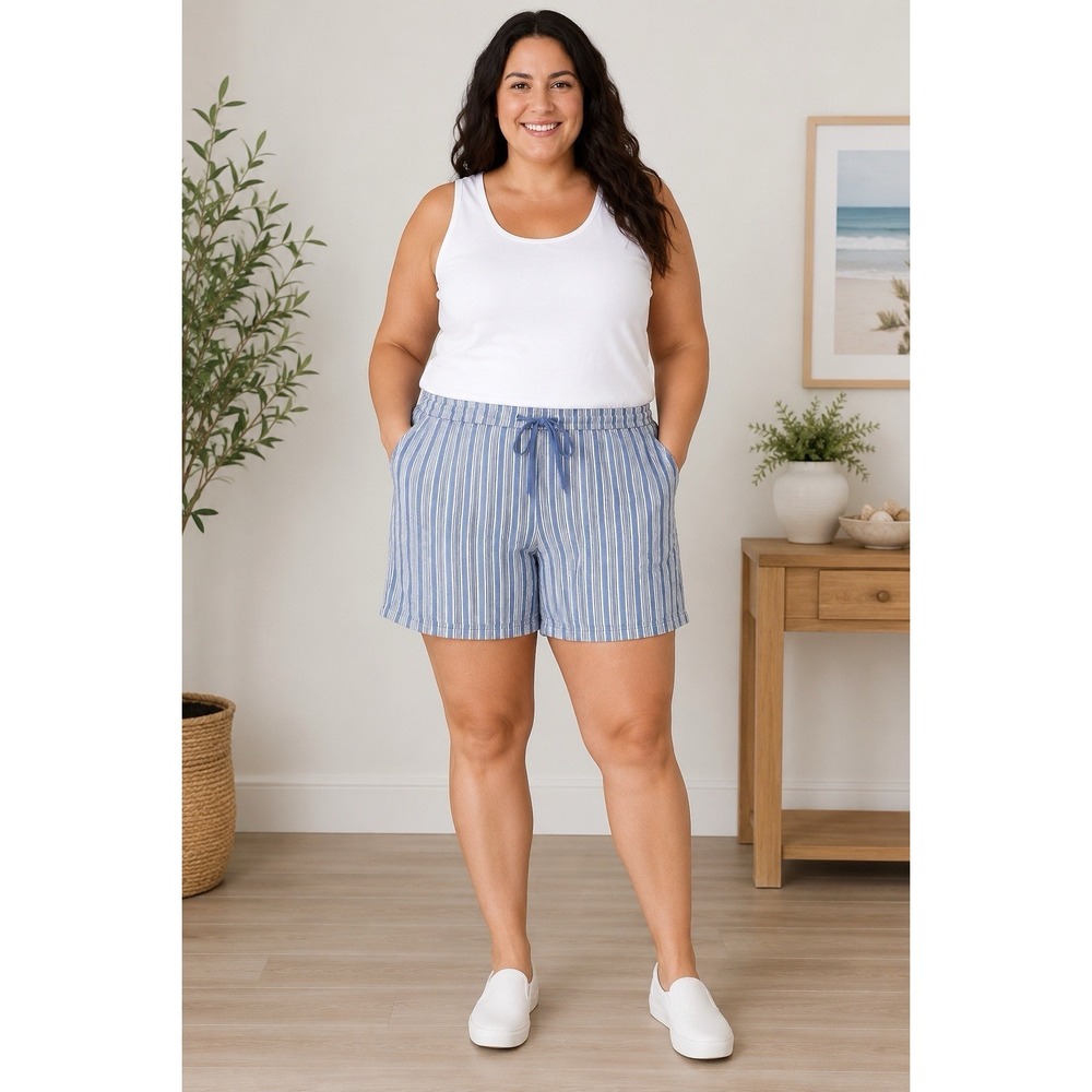 Croft & Barrow 1X Blue White Striped Linen Blend Drawstring Shorts Plus Size